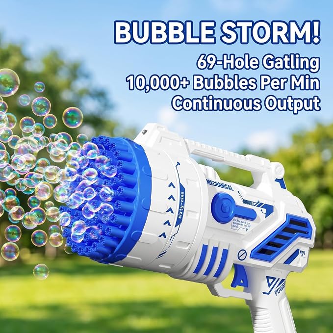 Bubble Gun for Kids, 69-Hole Bubble Blaster with LED Lights, Blue | 69-hole bubble machine gun for kids ages 4-8, with LED lights for summer, birthday, party and outdoor play.