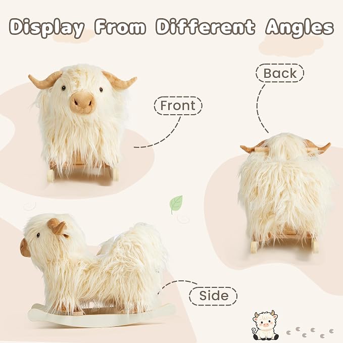 Baby Rocking Horse,Highlander Cattle Rocking Toy for 1+ Year Old Boys and Girls Rocking Horse for Kids Room Nursery Birthday Party Shower Gift Wood Animal Rocker French Design 3-Side Seat PP Cotton