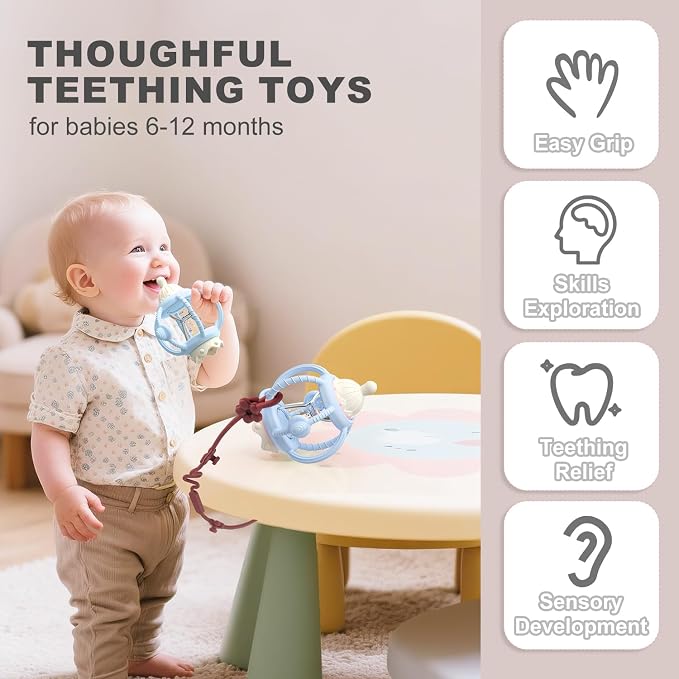 Silicone Teether Rattle Toy for Babies 0-12 Months Teething Relief | Montessori Sensory Teething Toy with Pacifier, Easy Grasp Handle for Infant Boys & Girls, Baby Must Haves