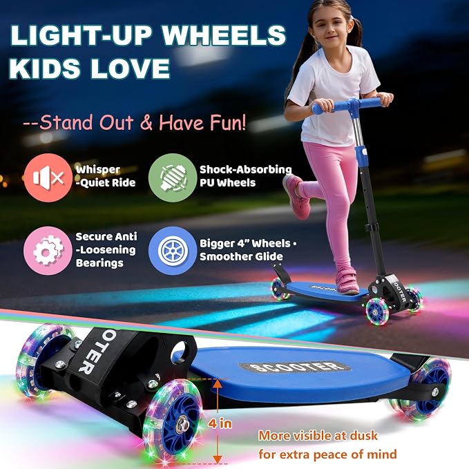 Kick Scooter for Kids Ages 6-12, Stable 3 Wheel Kids Scooter with LED Light-Up Wheels, 3 Adjustable Heights, Lean-to-Steer, Foldable, 6" Extra Wide Deck for Boys and Girls Gifts