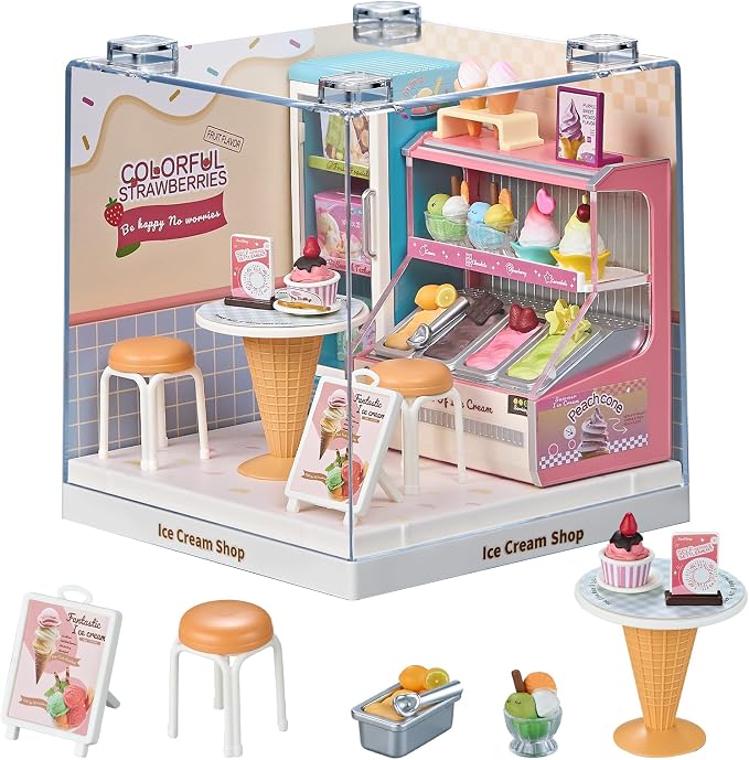 Miniature Ice Cream Shop DIY Kit with Display Case | Acrylic Display Case, Ice Cream Shop Dollhouse Craft Kit, Tool-Free Mini House for Teens, Adults & DIY Hobbyists