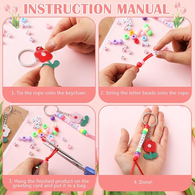 Suncalla 984 Pcs 24 Set Teacher Keychain Making Crafts Kit End of Year Teacher Keychain Gifts DIY Thank You for Helping Me Grow Gifts Flower Charm Name Letter Beads Cards Strings Kit