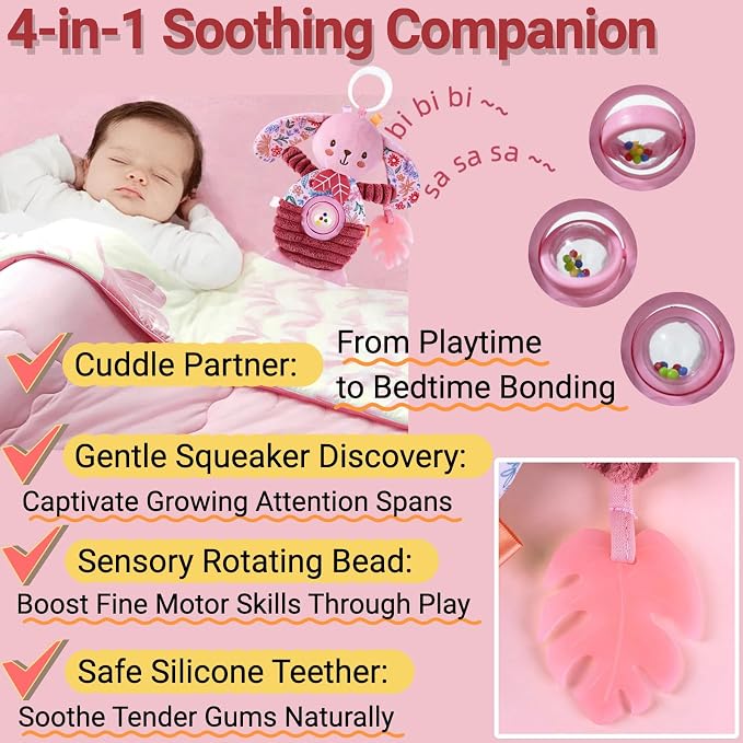 Baby Crib Toys Hanging Stroller Car Seat Toy for Infant 0-2-3-4-5-6-7-8-9 Month Old, Newborn Infant Girl Gifts Carseat Sensory Rattle Crinkle Teething Teether for Babies 6-12 Month Essentials