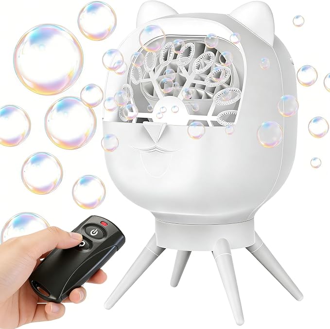 Upgraded Bubble Machine with Remote Control, Automatic Rotation 1800mAh Rechargeable Battery, Type-C Charge, Bubble Maker for Kids, Weddings, Birthday Parties, Outdoor Activities