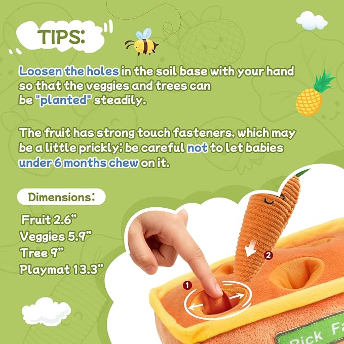 Mini Tudou Baby Toys 6-12 Months-Fruits Veggies Farm Stuffed Toys 15PCS-Sensory Educational Toy Mushroom Carrot with Rattle Squeaker Crinkle Texture Color Shape Number Matching Gifts
