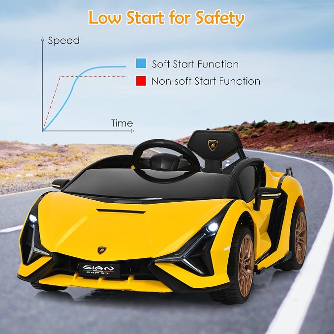 OLAKIDS Kids 12V Licensed Lamborghini SIAN Ride On Car, Electric Vehicle for Toddler with Control Remote, Battery Powered Toy with Music, 2 Speeds, Suspension, LED Lights, Bluetooth (Yellow)