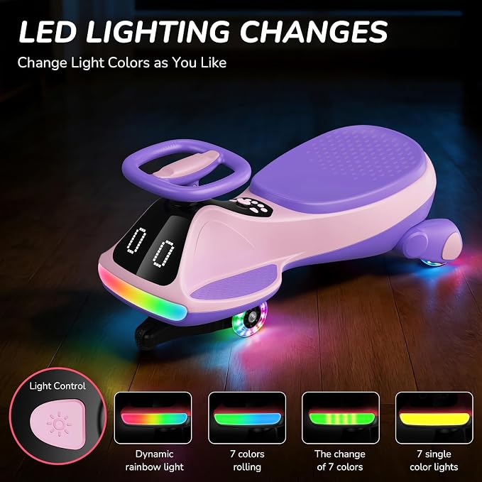 Umatoll 12V Electric Wiggle Car for Kids with Pedal, Display, Rechargeable Battery, LED Light, Bluetooth, Light-Up Wheels, Anti-Rollover, 2 Speeds, Ride on Toys, Birthday Gifts for Age 3+, 150Lbs