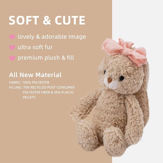 Bunny Stuffed Animal Soft Rabbit Cuddly Toy 8'' Long - Eared Brown Plush Bunny with Pink Bow Plush Toys for Babies and Toddlers