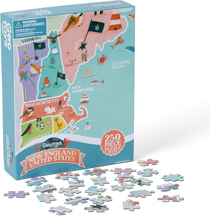 Geotoys New England Region Jigsaw Puzzle - Educational and Interactive Map Game - 250 Piece Puzzles - Jigsaw Puzzles for Kids Ages 8-12 - Kids Puzzle Games with Colorful Landmarks