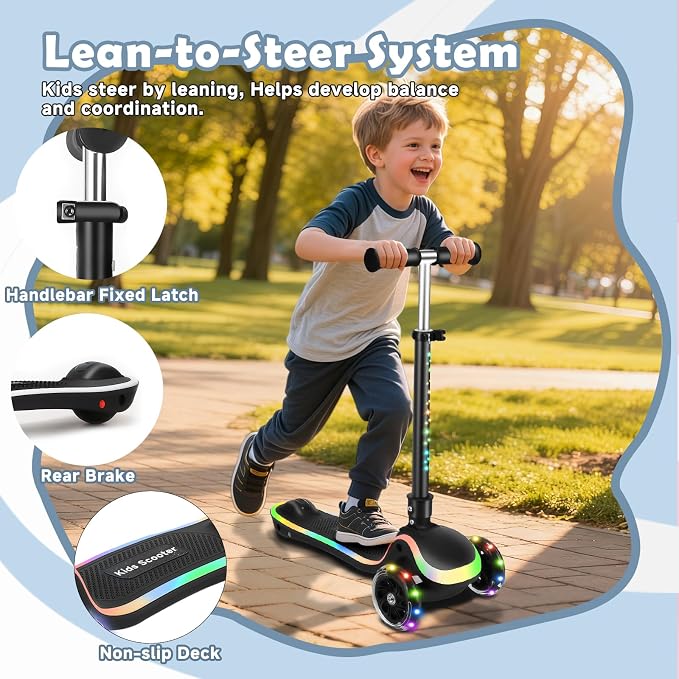Kids Scooter with Seat, 2 in 1 Kick Toddler Scooter with LED Light-Up Wheels and Light up Deck, 4 Adjustable Heights, Lean to Steer, 3 Wheels Scooter Suitable for Boys & Girls Ages 2-8 Years