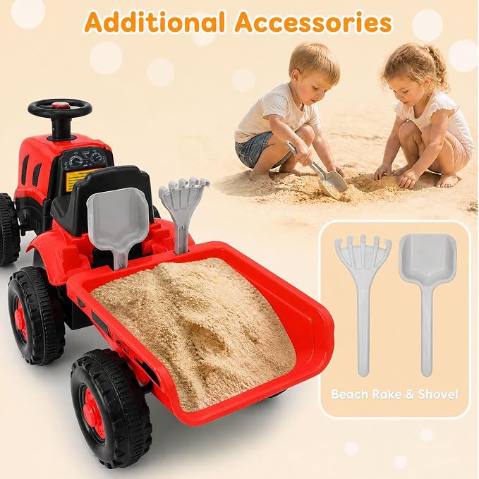 Kids Ride on Tractor, 2 in 1 Foot to Floor Push Car w/Detachable Trailer, Horn, Rake & Shovel, No Power Sliding Toy Gift for Toddlers, Outdoor Ride on Construction Vehicle (Red)