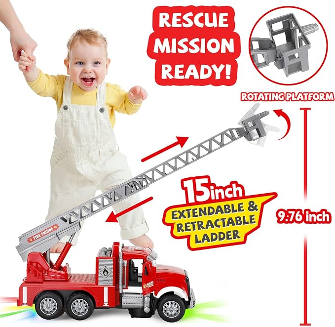 Toddler Boy Toys, Fire Trucks for Toddlers 3-5, Lights Music Toy Cars with 1 Rotating Extend Ladder, Firetrucks with 2 Opening Doors, Baby Toys for 3 4 5 6 Year Old Boy, Kids Christmas Birthday Gift