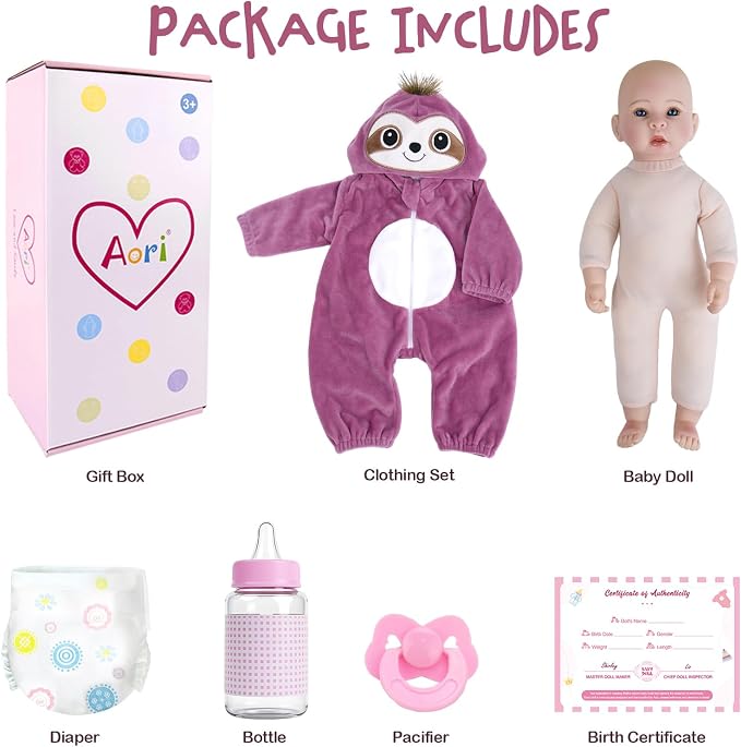 Aori 17 Inch Real Baby Dolls Realistic Lifelike Baby Doll with Soft Body & Sloth Outfits, for Girls 3+ Role Play, Adoption Day, Photography Prop, Collectible