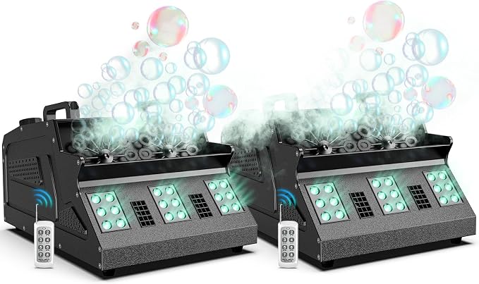 2000W Fog Bubble Machine, 3 in 1 Bubble Machine with 2 Bubble Fans,7 CH 18 RGB LED Lights Smoke Bubble All IN 1 Machine, Fog Machine Stage Effect for Party, Wedding, Halloween, 2 PACK