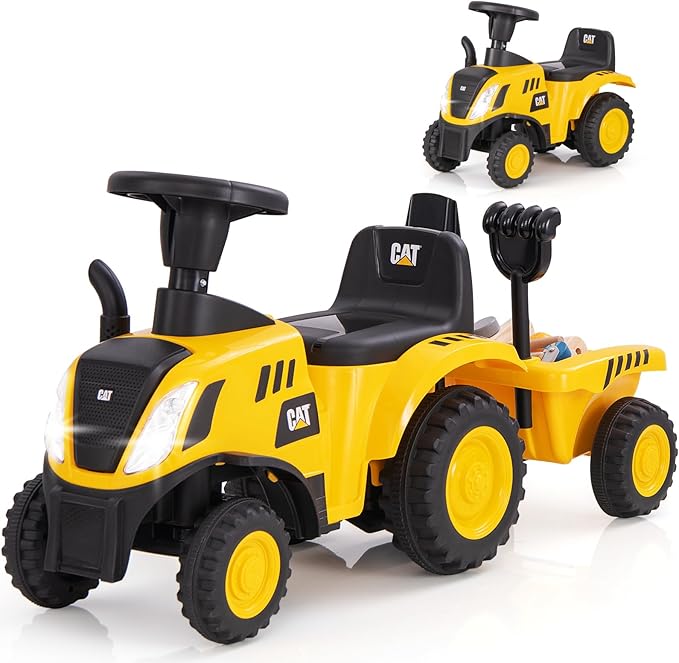 Costzon Kids Ride on Tractor, 2-in-1 Licensed Caterpillar Ride on Push Car w/Detachable Trailer, Horn, LED Lights, Rake & Shovel, Foot-to-Floor Sliding Car Gift w/No Power, Ride on Toy for Toddlers
