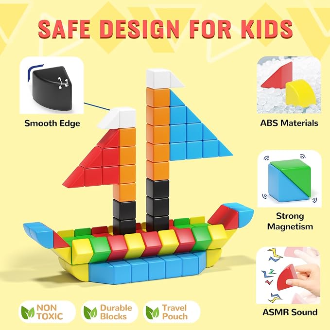 Hiwawind 56 PCS Magnetic Blocks, 1-Inch Isosceles Triangles & Quarter Circles, Montessori STEM Sensory Toys for Kids Ages 3-6, Christmas & Birthday Gift for Boys Girls