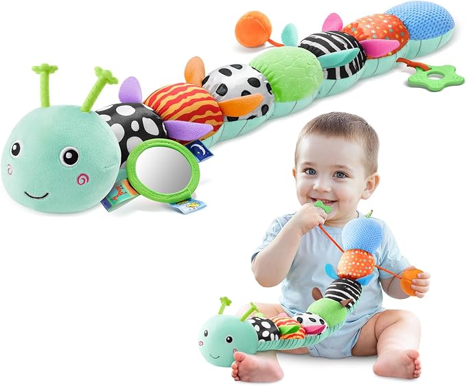 AWOTOY Baby Toys 0-6-12 Months,Musical Caterpillar Stuffed Animals Activity Infant Toys with Crinkle,Rattles,Mirror&Pull String,Muti-Sensory Toys Gifts for Newborn Tummy Time,Mint Blue|Leafy