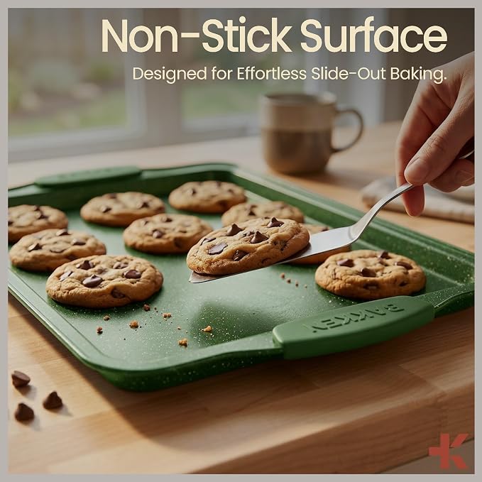BAKKEN Kitchen Baking Pan Set - Nonstick Green Marble Coating, Carbon Steel Bakeware Sets with Green Silicone Handles, Kitchen Essentials, PFOA, PFOS, PTFE Free, Oven Safe (Up To 450° F), Set of 10