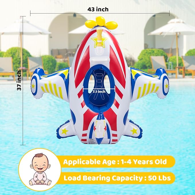 Baby Airplane Pool Float with Handle & Squirt Gun, Baby Swim Float Swimming Pool Float Kids Toddler Floaties Toddler Pool Float Age 1-4 Boys Girls Inflatable Ride-ons Pool Beach Toys