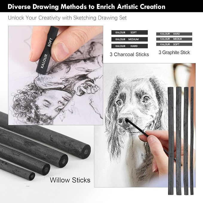 KALOUR PDAS 39pcs Drawing Pencil Set, Professional Sketching Kit with Graphite, Charcoal & Sketch Pencils for Drawing, Complete Drawing Kit for Artists & Beginners