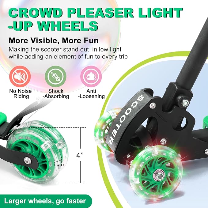Scooters for Kids 6-8 8-12, Folding 3 Lighted Wheels Kick Scooter,3 Adjustable Height Handlebars, Lean-to-Steer,Widen Anti-Slip Deck, Heavy Duty Scooter for Boys Girls Ages 6-12,up to 170 Lbs
