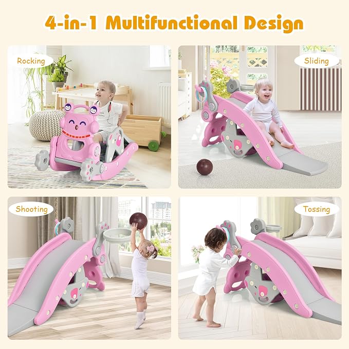 Costzon 5 in 1 Toddler Slide Rocking Toy, Slide for Kids with Detachable Stool, Basketball Hoop and Ring Game, Foldable Climber Playground Slide for Both Indoors Outdoor Use (Pink Penguin)