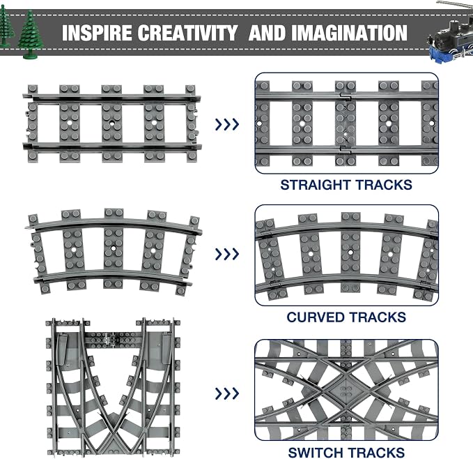 MANNIDOO Classic City Train Tracks, 54 Pieces Railroad Track with 32 Curved, 20 Straight and 2 Switch Train Tracks, Train Expansion Accessories Compatible with All Major Train Tracks