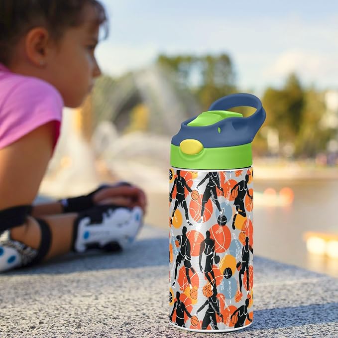 Basketball Game Player Sports Kids Water Bottle with Straw Lid Balck Ball Insulated Stainless Steel Reusable Tumbler for Boys Girls Toddlers 12 oz Green