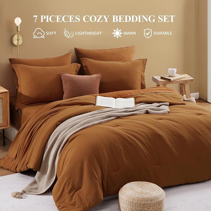 WRENSONGE Oversize King Size Comforter Set- 7 Pieces Soft Terracotta Bed in a Bag with Fitted Sheet, Flat Sheet, 2 Pillow Shams, 2 Pillowcases, Warm Bedding Sets for All Season