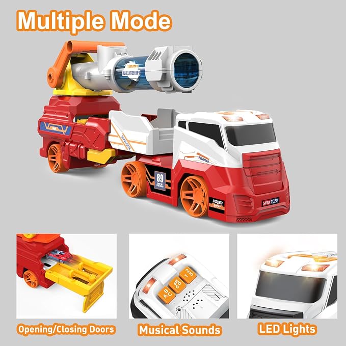 Dwi Dowellin Truck Toys for Kids, 28" Large Car Toys Include 4 Racing Cars+6 Ball, with Light & Sounds, Eejection&Shooting Transport Cars Toys Vehicle, Gifts for Boys Girls-RED