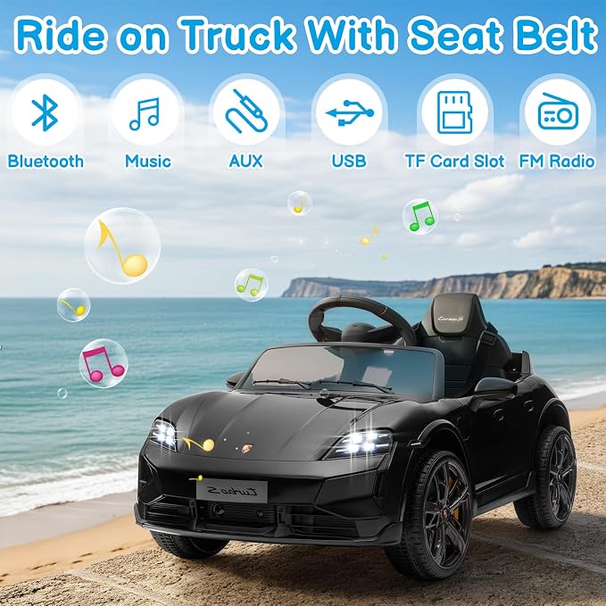 Winado 12V Kids Ride on Car, Licensed Porsche Taycan Electric Car for Toddlers, Battery Powered Ride on Vehicle W/Remote Control, with Bluetooth, 3 Speeds, LED & Rear Lights, Music & Horn (Black)