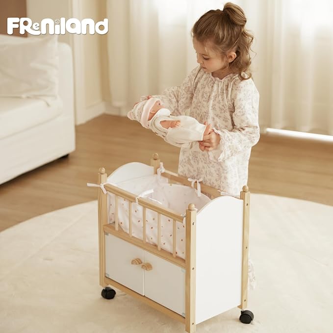 Freniland Wooden Doll Bed with Storage, Wheels & Bedding – Rolling Doll Crib with Built-in Storage for Toys, Pretend Play Doll Furniture for 18 Inch Dolls