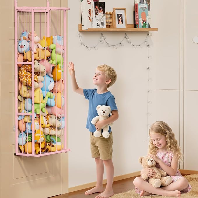 SWTYMIKI Hanging Stuffed Animal Storage, Full Pink, 3-Tier | Over Door, Wall Mounted or Corner, Large Plush Toy Organizer, For Nursery & Kid Room Bedroom