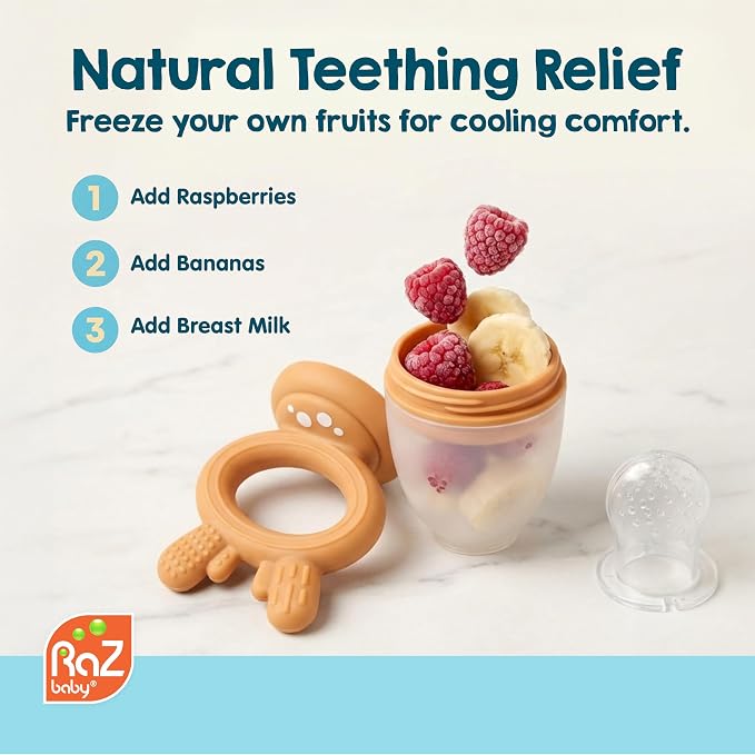 RaZbaby Baby Solids & Frozen Fruit Feeder Pacifier, Infant Teether Toy 6M+, BPA-Free Silicone Pouch & Nipple, Safely Introduce Solids, Natural Teething Relief, Dishwasher Safe, Freezable – Deer