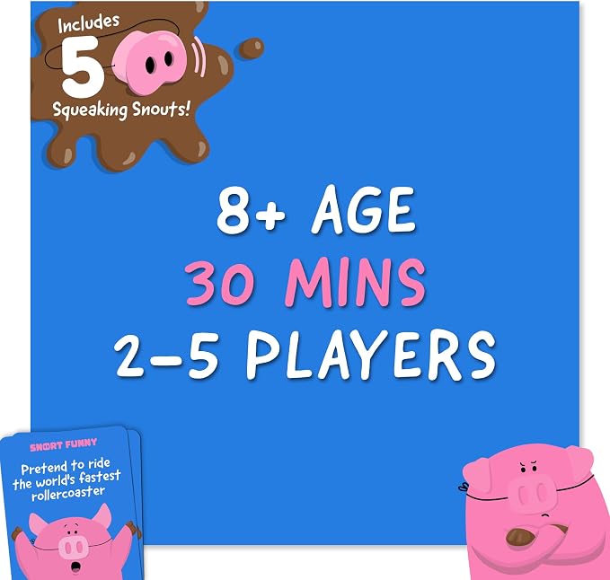 Snort Funny – The Oinkredible You Laugh You Lose Party Game, Family Games for Kids and Adults w/ 150 Challenge Cards, 5 Pig Snouts & Mud Tokens, Funny Games for Friend & Family, 4-8 Players, Ages 8+