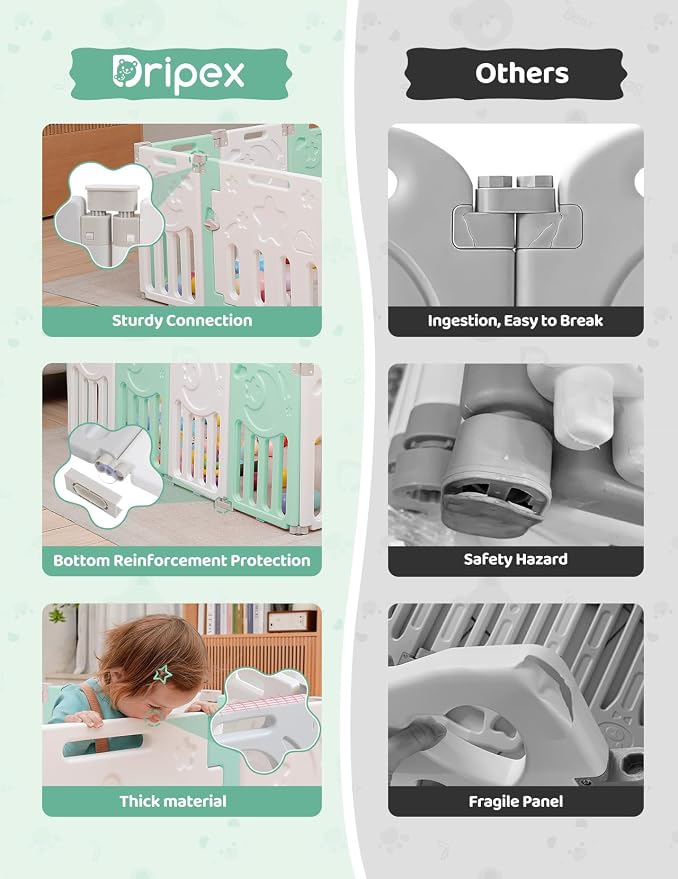 Dripex Baby Playpen, 14-Panel Foldable Playard for Toddlers 6-36 Months, Adjustable & Portable Indoor Outdoor Safety Play Area with Anti-Pinch Design, Game Panel and Safety Gate, Light Green White