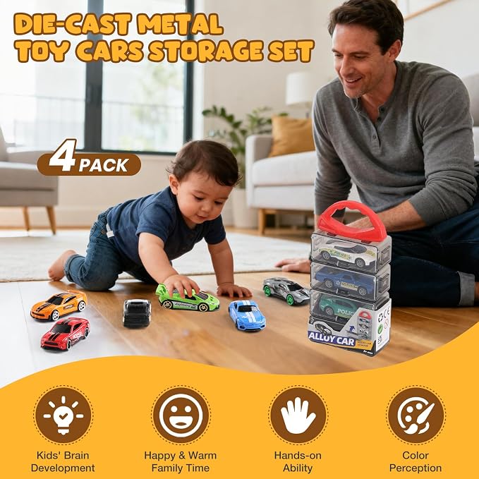 Die Cast Pull Back Toy Cars, 4 Pack 1:64 Mini Cars with | 4 pull-back die-cast mini cars with a portable storage case for racing, collecting, sharing, and travel play.