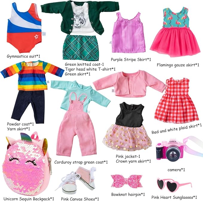 Ebuddy Doll Clothes & Accessories - 8 Sets Outfit with Shoes, Backpack, Glasses, Camera, Pad for 18 Inch Girl Dolls