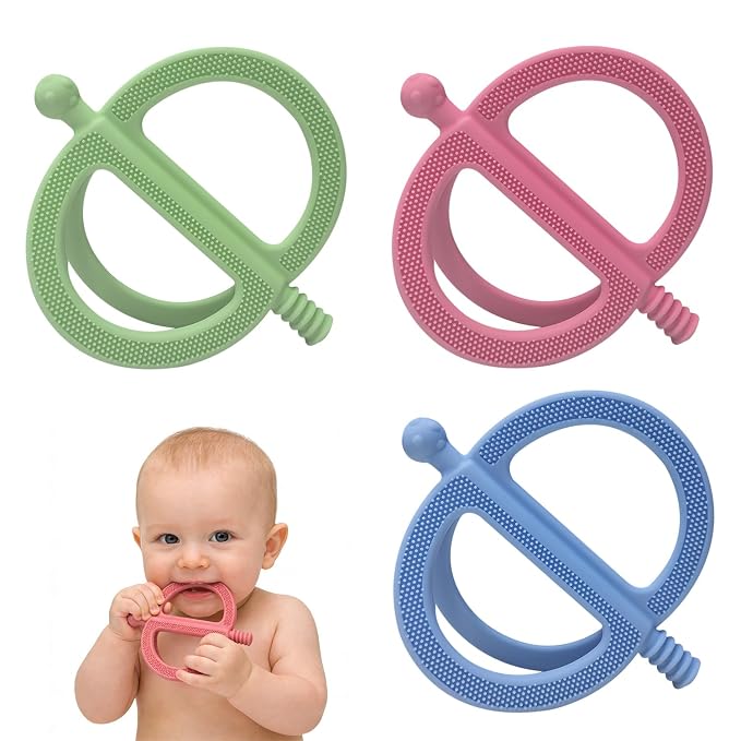 3 Pack Baby Teething Toys, Anti Dropping Wrist Hand Teethers & Easy-Grip Teether Ring, Food-Grade Silicone for Teething Relief, Newborn Essentials Chew Toys 0-12 Months（Blue&Pink&Green）