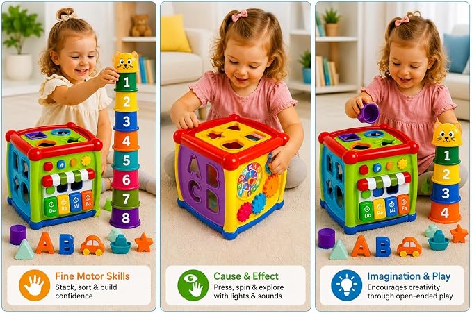 Shape Sorting Cube with Music & Lights - 6 in 1 Sensory Busy Cube Stacking Cups Activity Toy for Toddlers 18+ Months, Educational Learning Toys for Boys & Girls