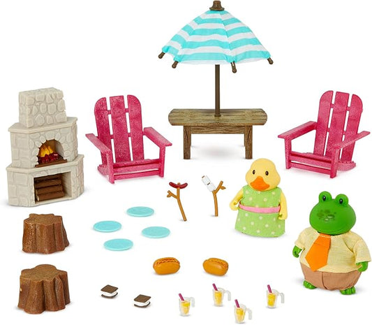 Li'l Woodzeez – Toy Backyard Furniture Playhouse with Miniature Fire Pit & Chairs Dollhouse Playset, Includes 2 Posable Figures, – 3+ Years