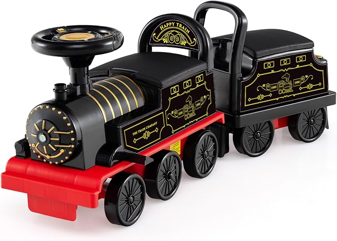 OLAKIDS 6V 2-Seater Ride on Train with Carriage, Storage, Train Whistle, Music, Lights for 18 Months+ (2 Seaters, Retro)