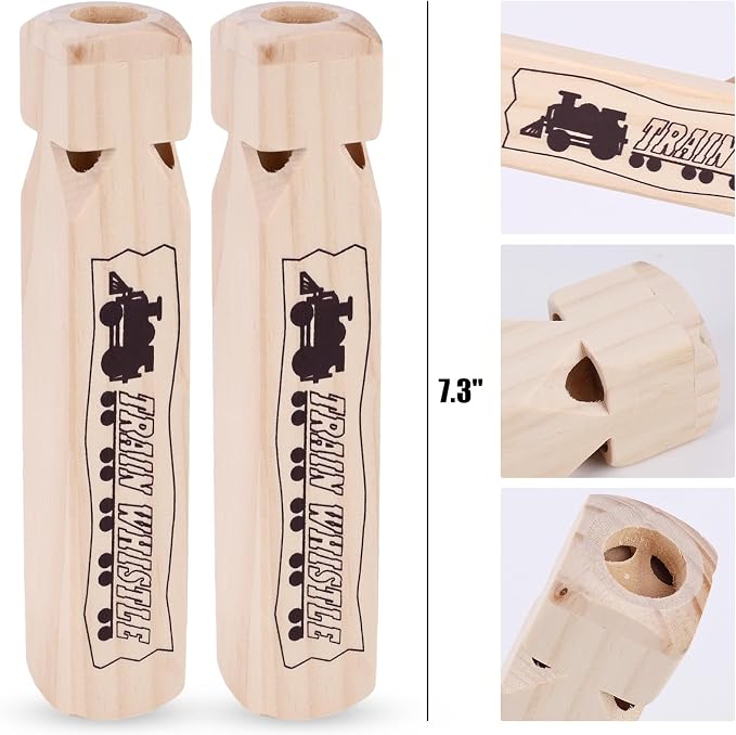 POPLAY 2PCS Kids Wooden Train Whistles, Noisemakers 4-Tone 7.3" Toy Wood Whistles for Kids Train Birthday Party Favors Carnival Prize Goodie Bag Filler Stocking Stuffers Game Prizes
