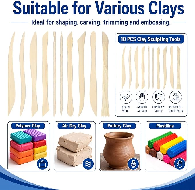 Ferrochef 10 Set 100 Pcs Beech Clay Sculpting Tools Different Shapes Pottery Tools Clay Carving Cutters Pottery Trimming Supplies for DIY Ceramics Plastilina Molding Embossin (Classic Style)
