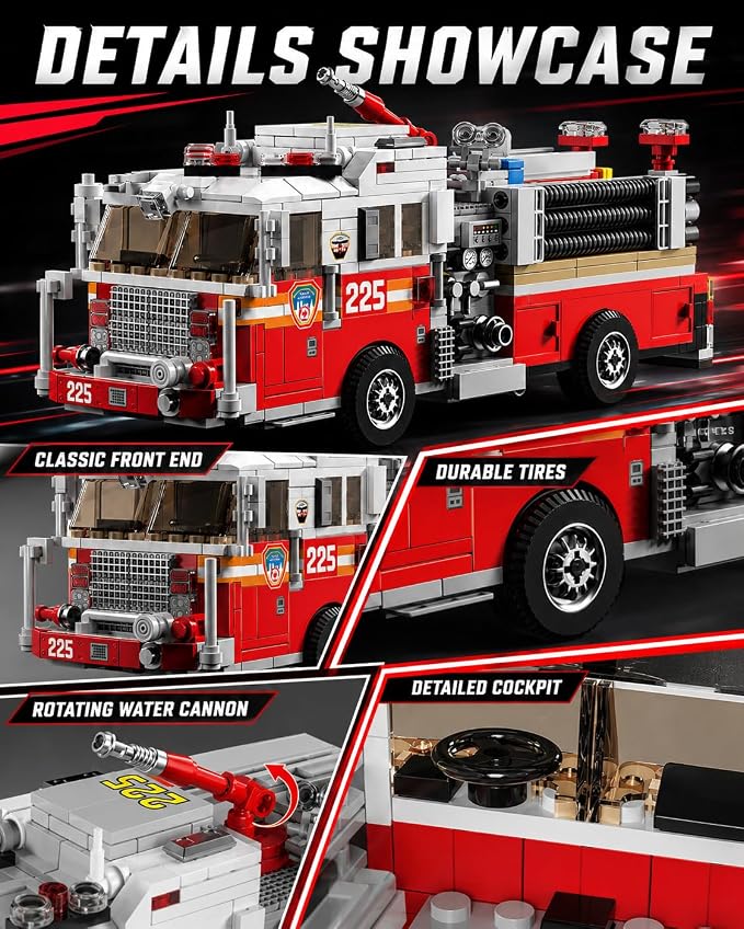 Ladder Fire Truck Building Set, Compatible with Lego City Fire Engine Toy with Detachable Telescopic Ladder & Rotatable Water Gun, STEM Educational Rescue Vehicle Gift for Boys Kids Age 8+(1052PCS)