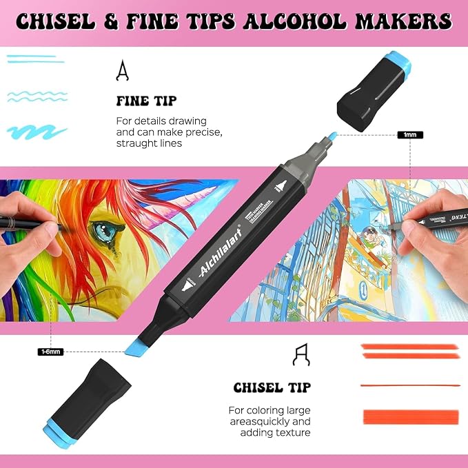 alchilalart 120 Colors Alcohol Markers Set, Dual Tip Art Markers with Case, Premium Artist Pens for Adult Coloring Books, Journaling, Sketching, Manga, Card Making, Gifts for Kids Teens & Women