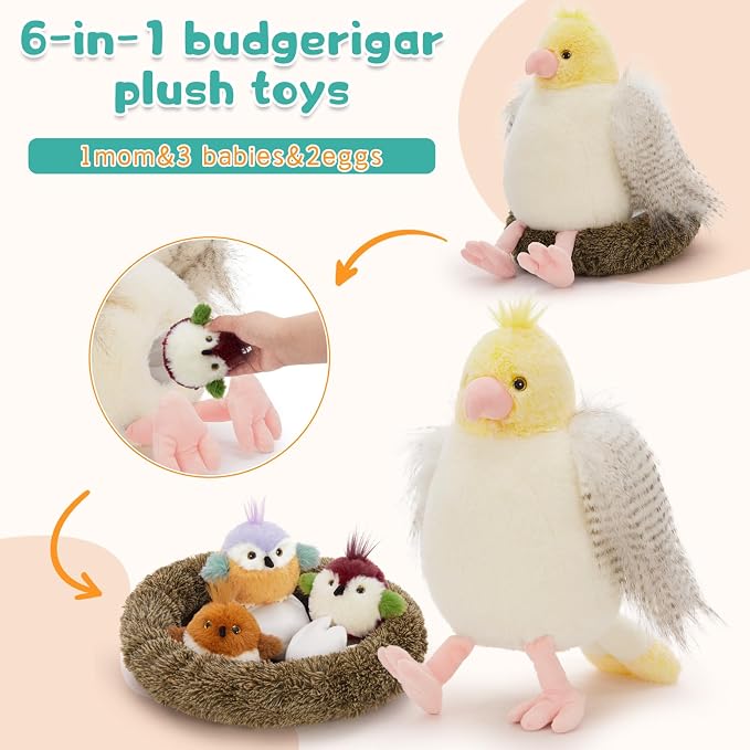 Muiteiur 7 Piece Bird Stuffed Animals, 14 in Parrot Plush Set with Nest, Cute Plush Bird Nest for Kids,Girls,Boys