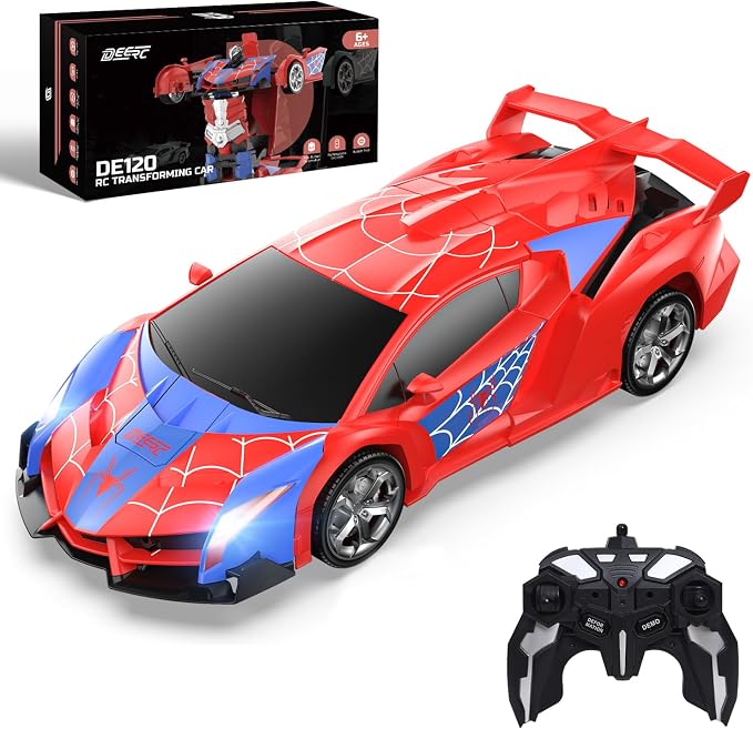 DEERC Spider RC Car Transform Robot, 2.4GHz Remote Control Spider Cars for Kids, 1:18 Scale Toy Car W/One-Key Transformation, 360° Rotation, Auto Mode, Rechargeable Battery, Robot for Man Boys