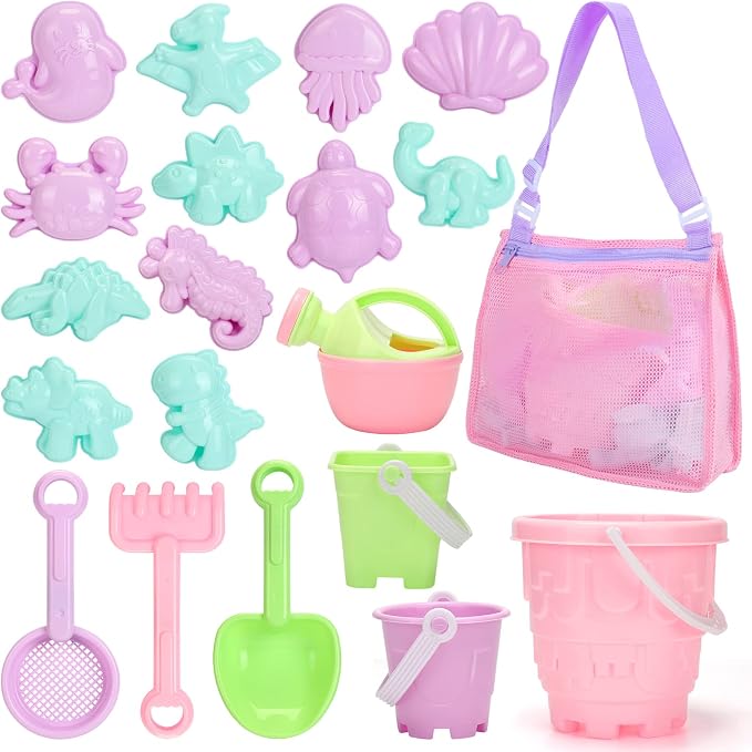 Tagitary Beach Toys for Kids and Mesh Beach Bag with Zipper, Large Beach Tote with 8 Pockets, Sand Toys Storage Pool Bag Beach Accessories for Sports Camping Picnic Travel