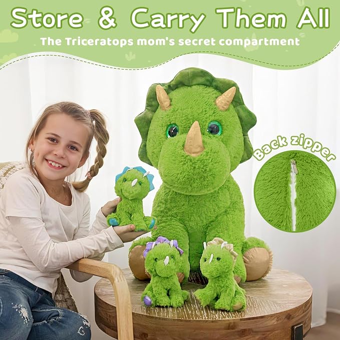 Muiteiur Triceratops Stuffed Animal, Giant Dinosaur Mommy Stuffed Animals with 3 Little Babies, Green Soft Plush Dinosaur Toy Gift for Kids 24.5 inch